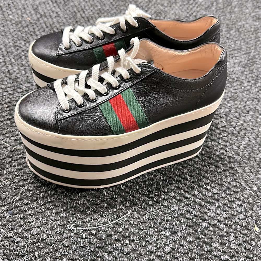 Gucci Black Leather Peggy Web Detail Platform Sneakers Size 35